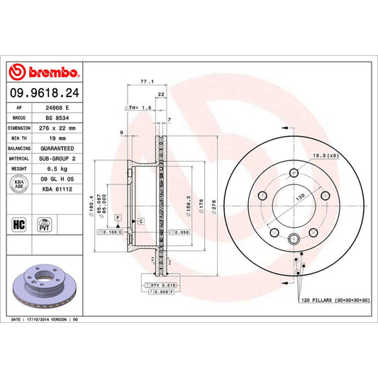 BRE-09.9618.20 - PAR DE DISCOS DE FRENO DELANTEROS PARA MERCEDES-BENZ SPRINTER 316 CDI 2004-2006