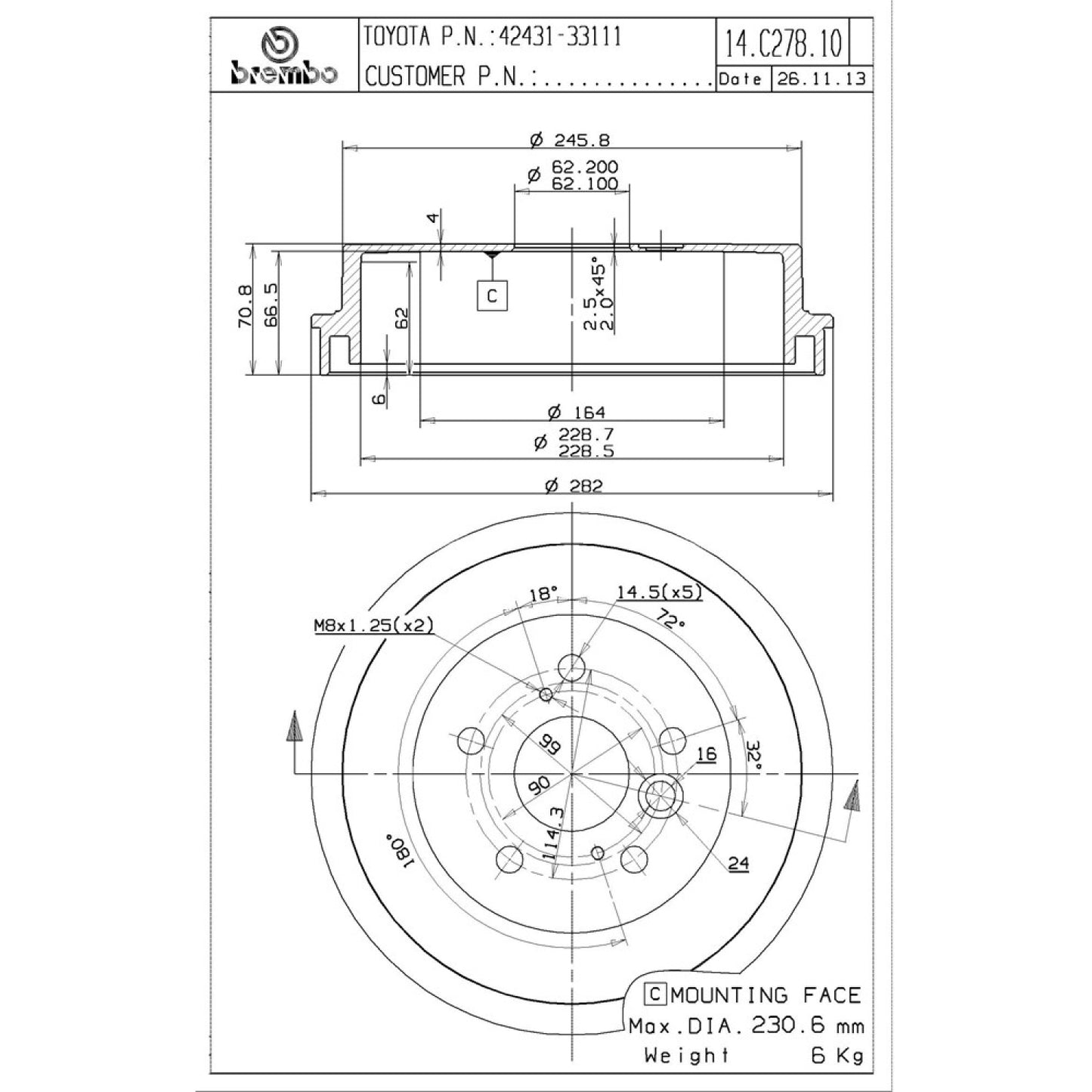 BRE-14.C278.10 - PAR DE TAMBORES DE FRENO TRASEROS PARA TOYOTA CAMRY BASE 2005-2005