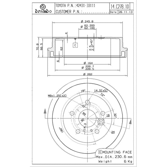 BRE-14.C278.10 - PAR DE TAMBORES DE FRENO TRASEROS PARA TOYOTA CAMRY BASE 2005-2005