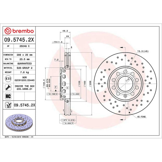 BRE-09.5745.2X - PAR DE DISCOS DE FRENO DELANTEROS PARA AUDI A4 AVANT 2004-2004