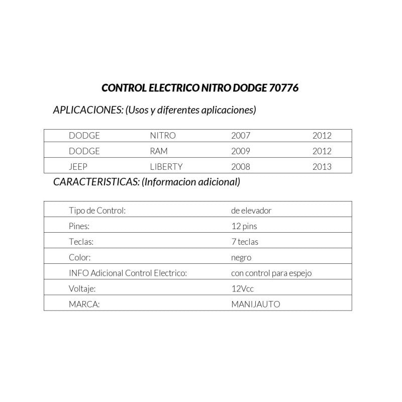 MANJ-70776 - CONTROL ELECTRICO PARA CHRYSLER TOWN & COUNTRY 2008-2011