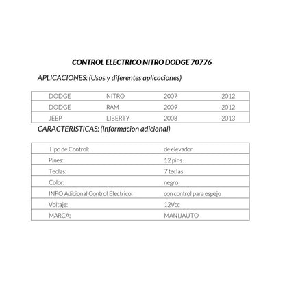 MANJ-70776 - CONTROL ELECTRICO PARA CHRYSLER TOWN & COUNTRY 2008-2011