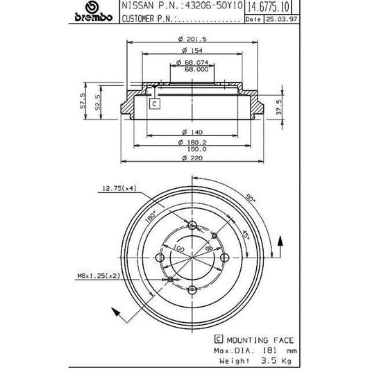BRE-14.6775.10 - PAR DE TAMBORES DE FRENO TRASEROS PARA NISSAN 200SX BASE 1995-1998