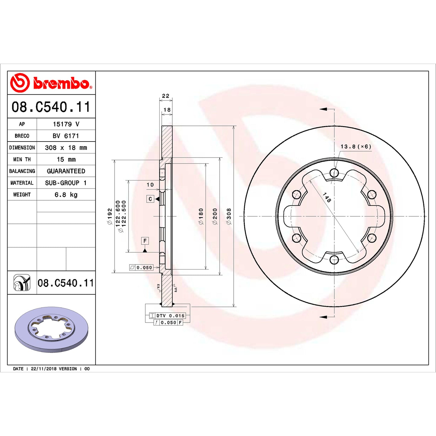 BRE-08.C540.11 - PAR DE DISCOS DE FRENO TRASEROS PARA FORD TRANSIT BASE  3.7 6 2015-2016