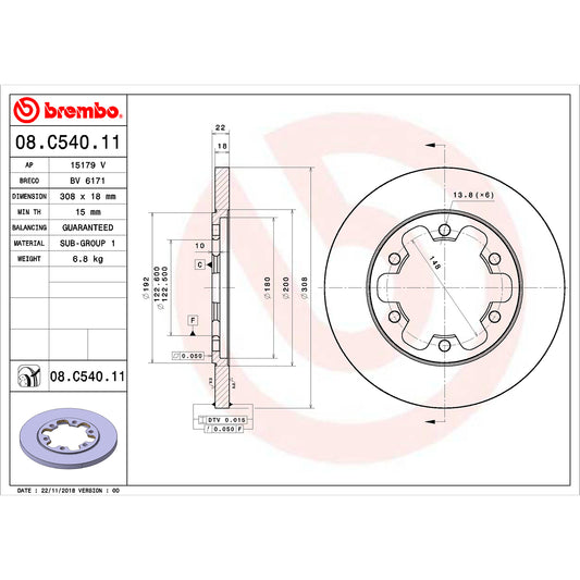 BRE-08.C540.11 - PAR DE DISCOS DE FRENO TRASEROS PARA FORD TRANSIT BASE  3.7 6 2015-2016