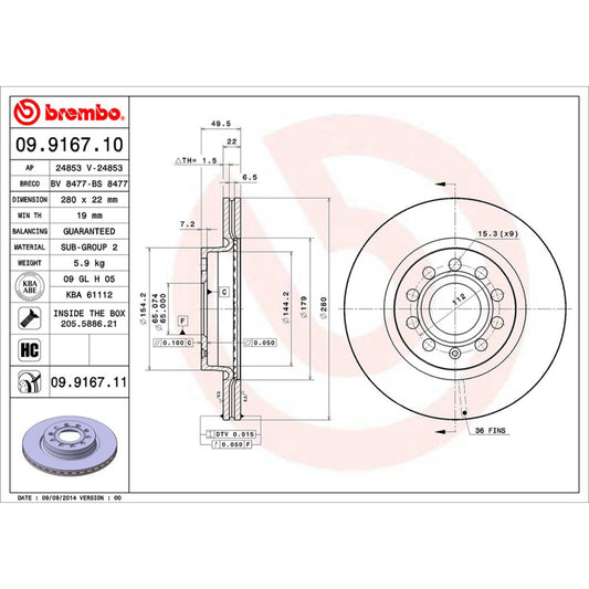 BRE-09.9167.10 - PAR DE DISCOS DE FRENO DELANTEROS PARA AUDI A3 AMBIENTE  1.4 4 2008-2013