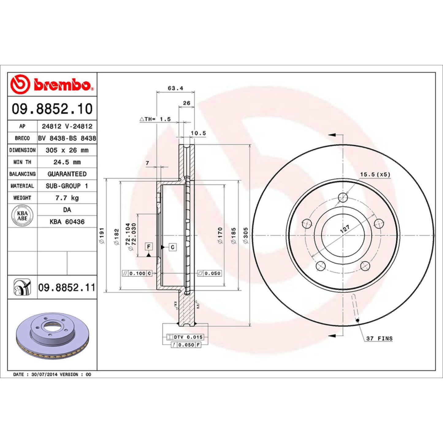 BRE-09.8852.10 - PAR DE DISCOS DE FRENO DELANTEROS PARA JEEP GRAND CHEROKEE LAREDO 1999-2004