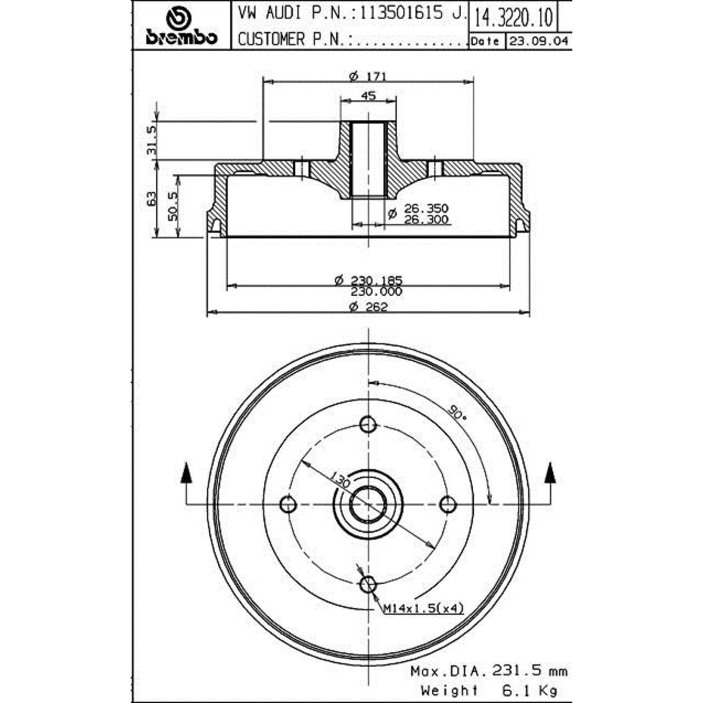 BRE-14.3220.10 - PAR DE TAMBORES DE FRENO TRASEROS PARA VOLKSWAGEN BEETLE BASE 1968-1979