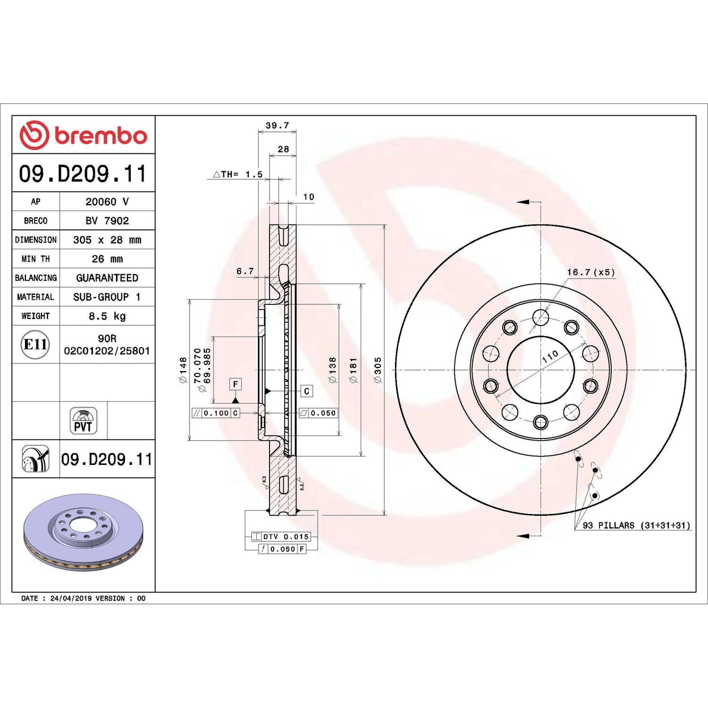 BRE-09.D209.11 - PAR DE DISCOS DE FRENO DELANTEROS PARA FIAT 500X EASY 2016-2017