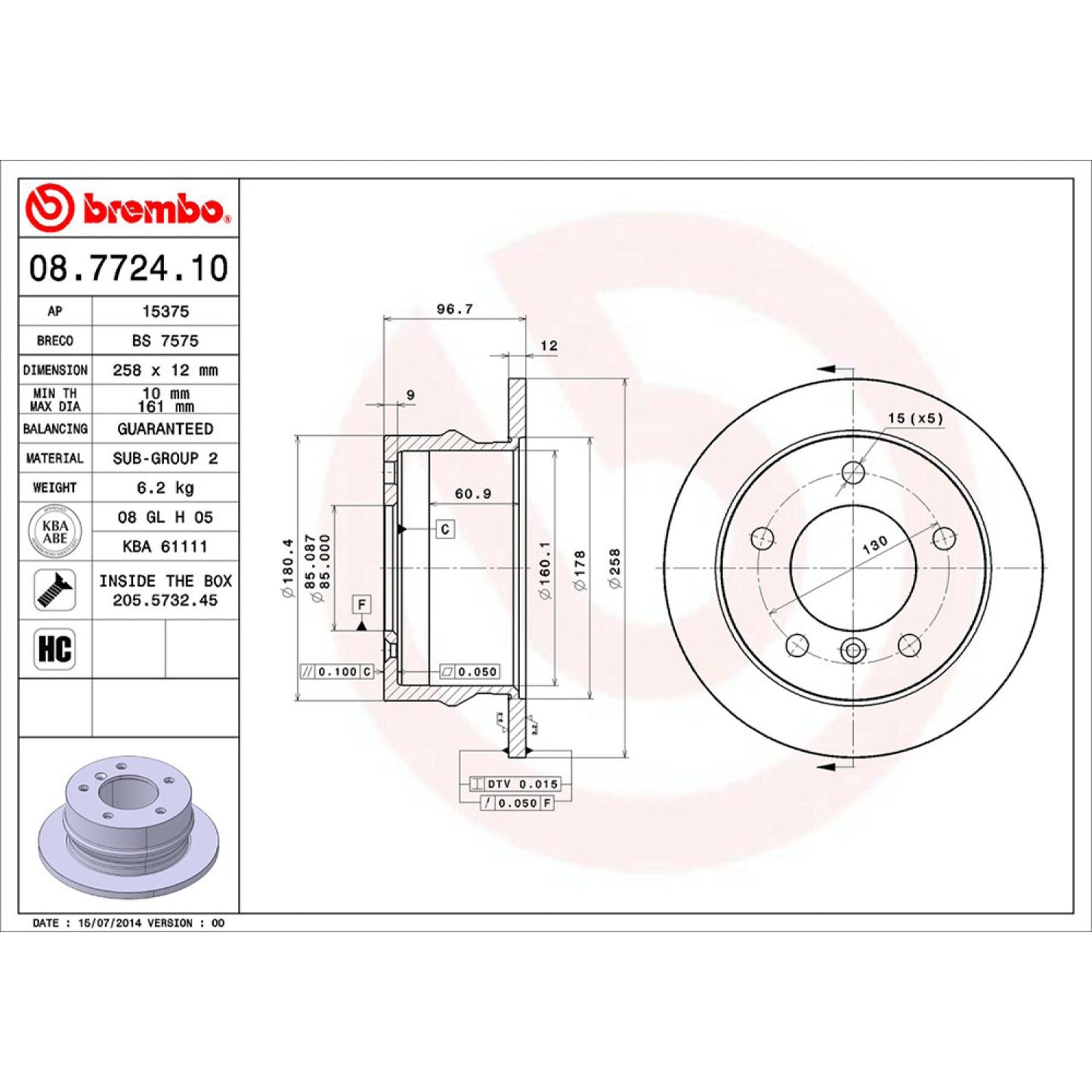 BRE-08.7724.10 - PAR DE DISCOS DE FRENO TRASEROS PARA MERCEDES-BENZ SPRINTER 316 CDI 2004-2006