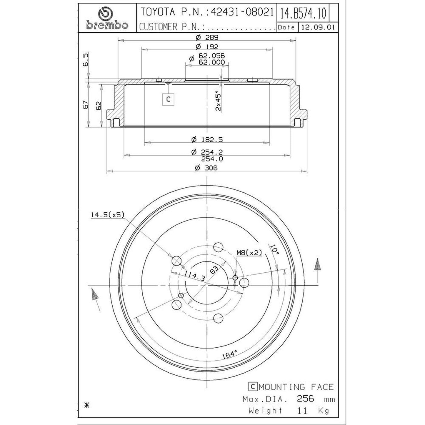 BRE-14.B574.10 - PAR DE TAMBORES DE FRENO TRASEROS PARA TOYOTA SIENNA CE 2004-2010