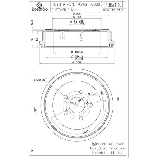 BRE-14.B574.10 - PAR DE TAMBORES DE FRENO TRASEROS PARA TOYOTA SIENNA CE 2004-2010