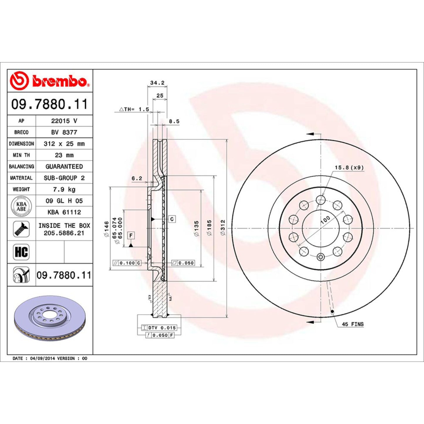 BRE-09.7880.10 - PAR DE DISCOS DE FRENO DELANTEROS PARA AUDI TT BASE 2003-2004