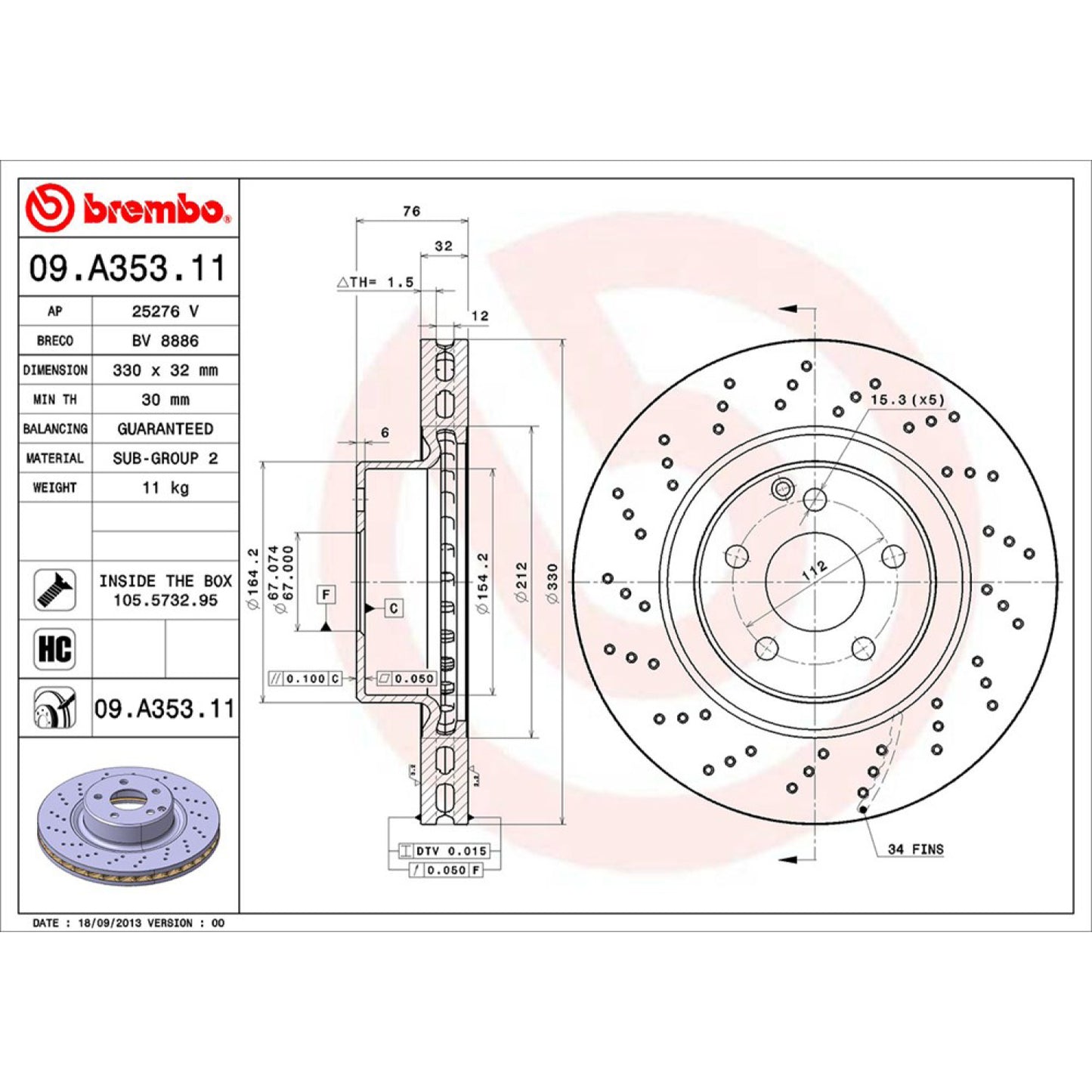 BRE-09.A353.10 - PAR DE DISCOS DE FRENO DELANTEROS PARA MERCEDES-BENZ CL500 BASE 2001-2002