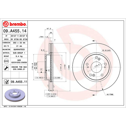 BRE-09.A455.11 - PAR DE DISCOS DE FRENO DELANTEROS PARA HONDA CIVIC NATURAL GAS 2013-2015