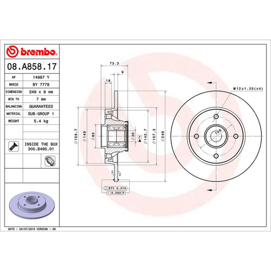 BRE-08.A858.17 - PAR DE DISCOS DE FRENO TRASEROS PARA PEUGEOT 308 BASE 2009-2014