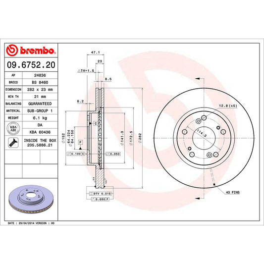 BRE-09.6752.20 - PAR DE DISCOS DE FRENO DELANTEROS PARA HONDA CR-V BASE 2002-2003