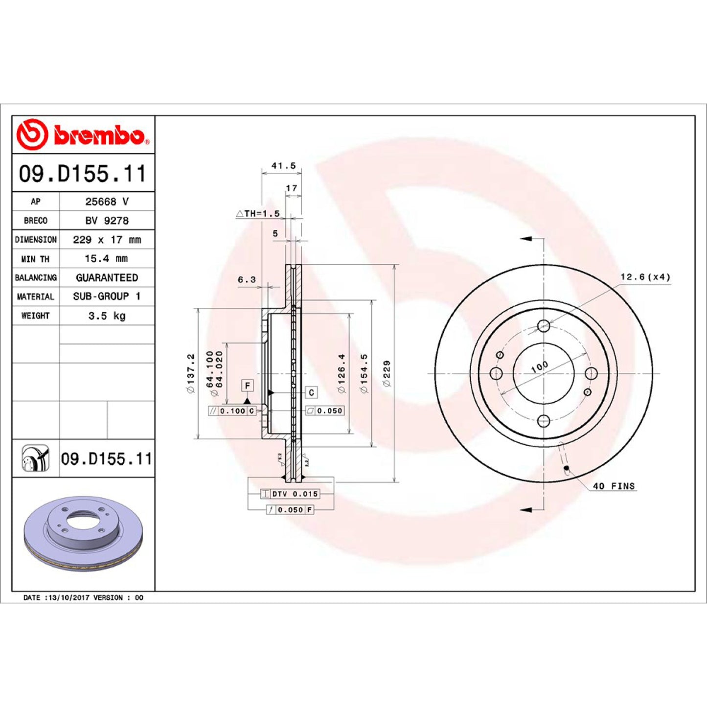 BRE-09.D155.11 - PAR DE DISCOS DE FRENO DELANTEROS PARA MITSUBISHI MIRAGE GLS 2015-2018