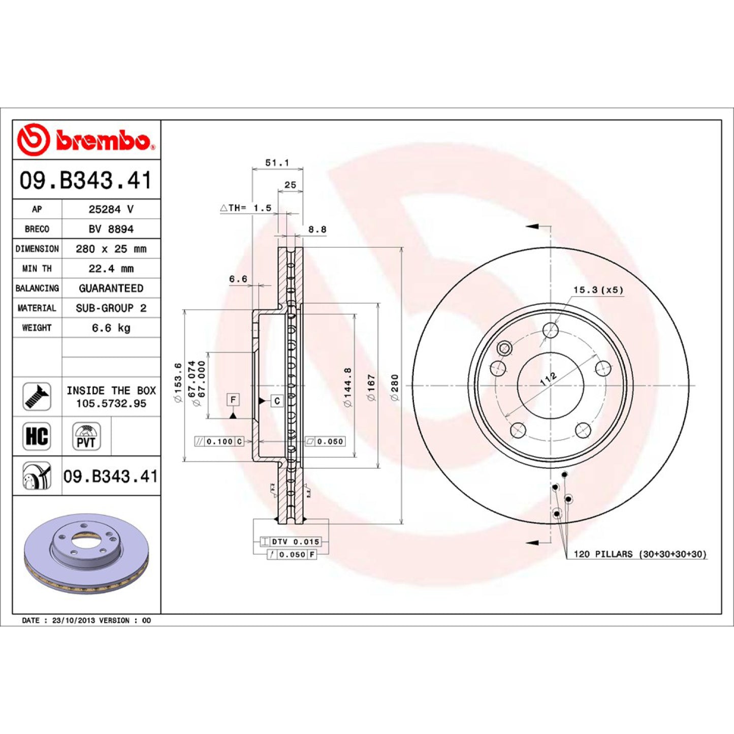 BRE-09.B343.41 - PAR DE DISCOS DE FRENO DELANTEROS PARA MERCEDES-BENZ A180 BASE 2013-2016