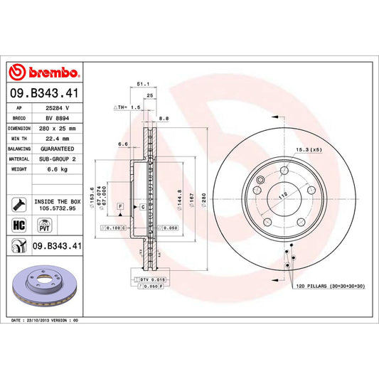 BRE-09.B343.41 - PAR DE DISCOS DE FRENO DELANTEROS PARA MERCEDES-BENZ A180 BASE 2013-2016