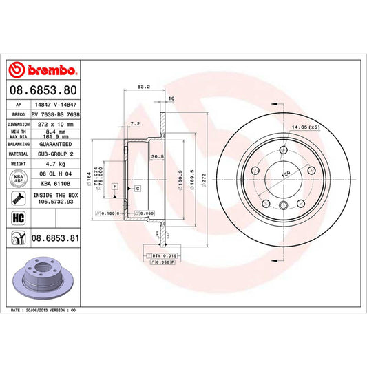 BRE-08.6853.80 - PAR DE DISCOS DE FRENO TRASEROS PARA BMW Z3 2.8I 1997-1997