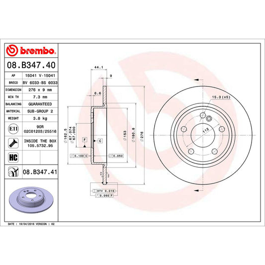 BRE-08.B347.41 - PAR DE DISCOS DE FRENO TRASEROS PARA MERCEDES-BENZ A180 BASE 2013-2016