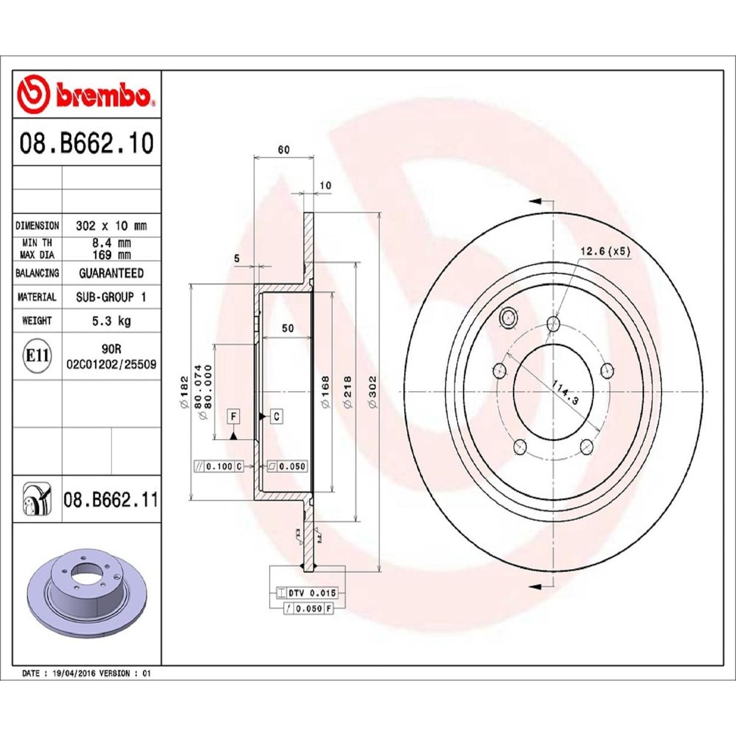 BRE-08.B662.11 - PAR DE DISCOS DE FRENO TRASEROS PARA CHRYSLER 200 LIMITED 2012-2014