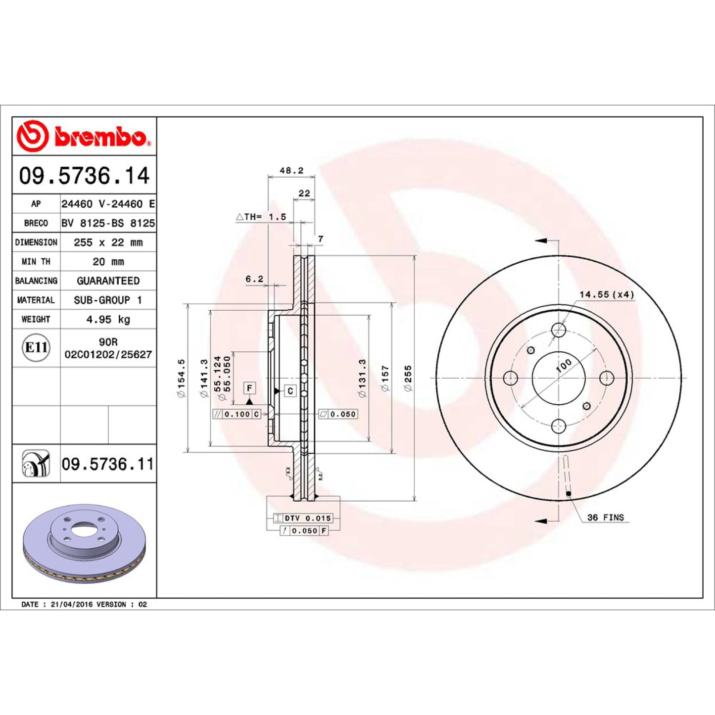 BRE-09.5736.10 - PAR DE DISCOS DE FRENO DELANTEROS PARA CHEVROLET PRIZM BASE 1998-2002