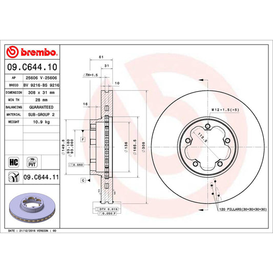 BRE-09.C644.11 - PAR DE DISCOS DE FRENO DELANTEROS PARA FORD TRANSIT BASE 2015-2020