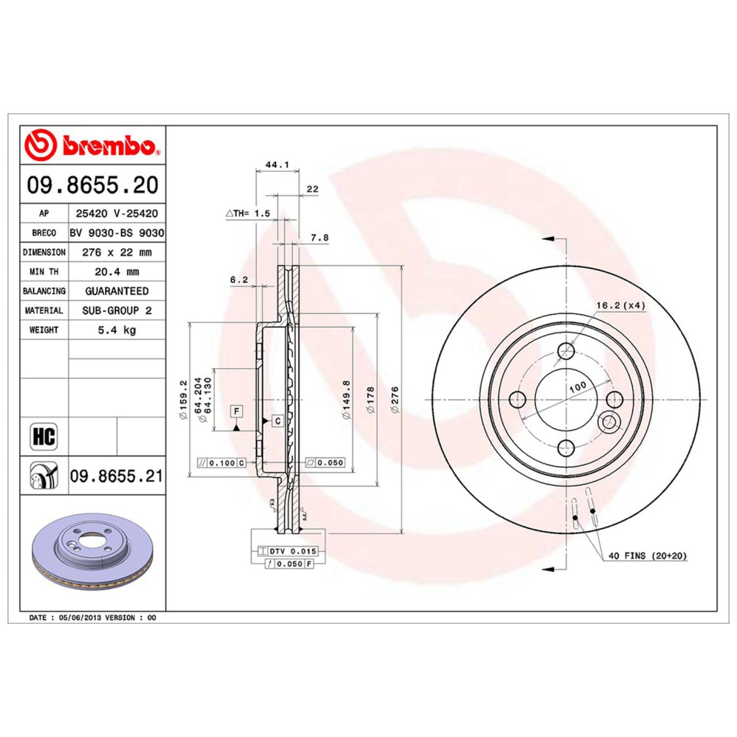 BRE-09.8655.21 - PAR DE DISCOS DE FRENO DELANTEROS PARA MINI COOPER BASE 2006-2006
