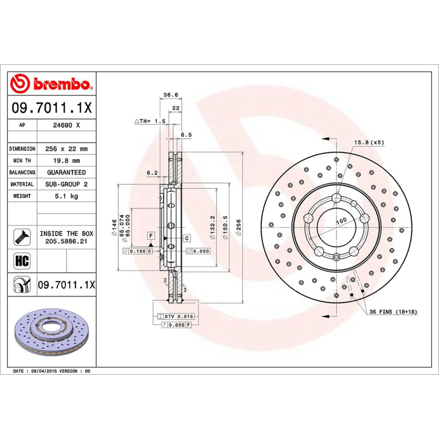 BRE-09.7011.1X - PAR DE DISCOS DE FRENO DELANTEROS PARA AUDI A1 ACTIVE 2016-2016