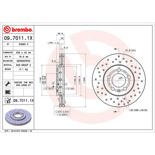 BRE-09.7011.1X - PAR DE DISCOS DE FRENO DELANTEROS PARA AUDI A1 ACTIVE 2016-2016