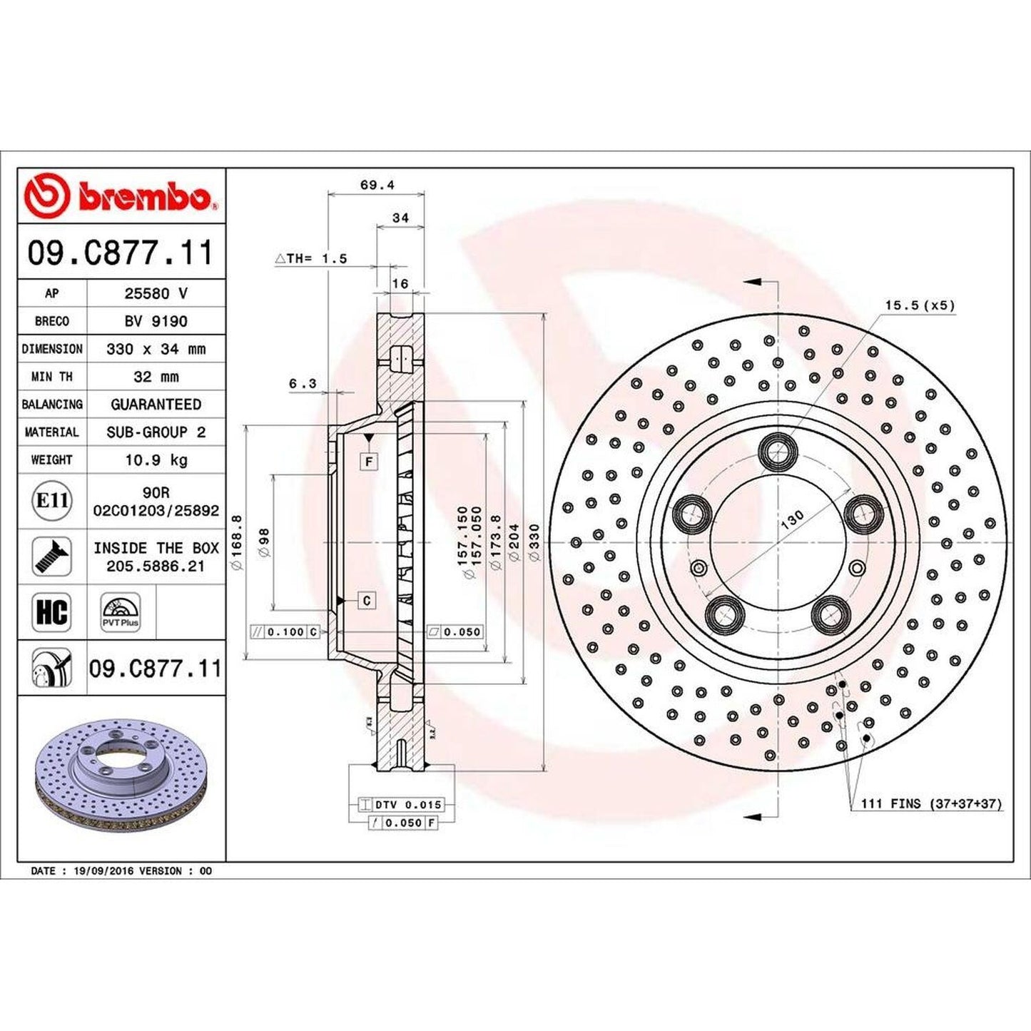 BRE-09.C877.11 - PAR DE DISCOS DE FRENO DELANTEROS PARA PORSCHE 911 CARRERA 4S 2005-2012