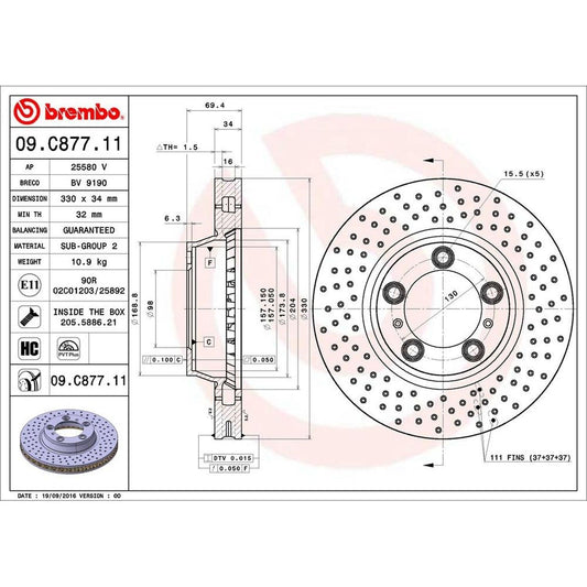 BRE-09.C877.11 - PAR DE DISCOS DE FRENO DELANTEROS PARA PORSCHE 911 CARRERA 4S 2005-2012