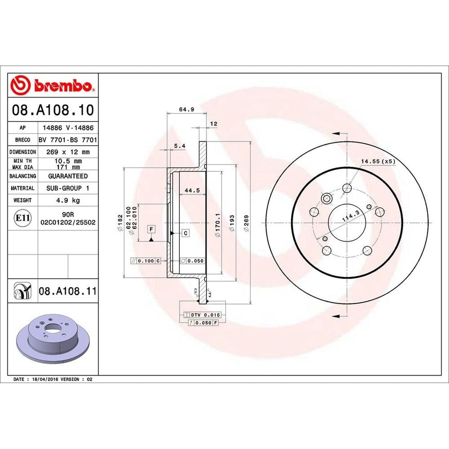 BRE-08.A108.11 - PAR DE DISCOS DE FRENO TRASEROS PARA TOYOTA AVALON LIMITED 2006-2007