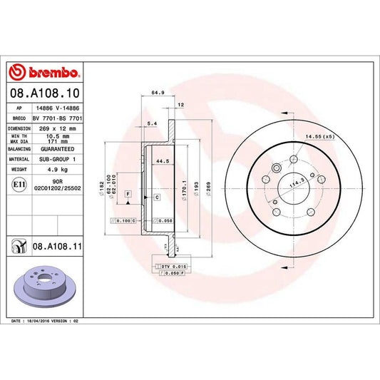 BRE-08.A108.11 - PAR DE DISCOS DE FRENO TRASEROS PARA TOYOTA AVALON LIMITED 2006-2007