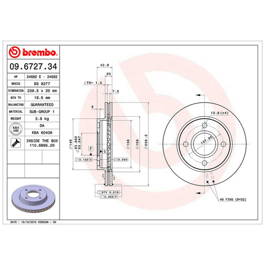 BRE-09.6727.30 - PAR DE DISCOS DE FRENO DELANTEROS PARA FORD FIESTA BASE  1.6 4 2001-2001
