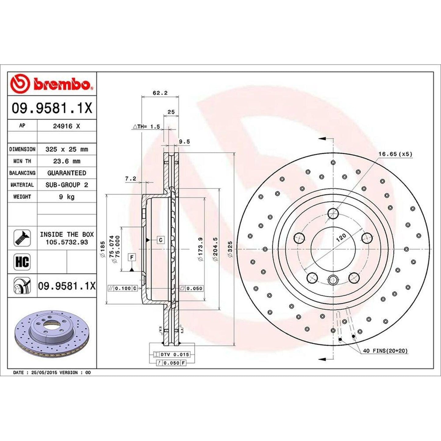 BRE-09.9581.1X - PAR DE DISCOS DE FRENO DELANTEROS PARA BMW X3 2.5I 2004-2005