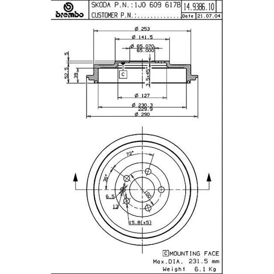 BRE-14.9386.10 - PAR DE TAMBORES DE FRENO TRASEROS PARA VOLKSWAGEN CLASICO CL 2011-2015