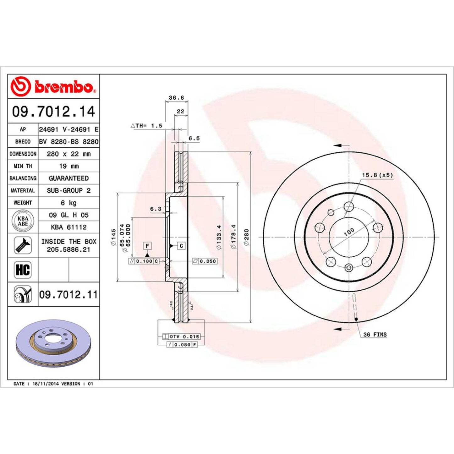 BRE-09.7012.10 - PAR DE DISCOS DE FRENO DELANTEROS PARA SEAT LEON SIGNO 2003-2004