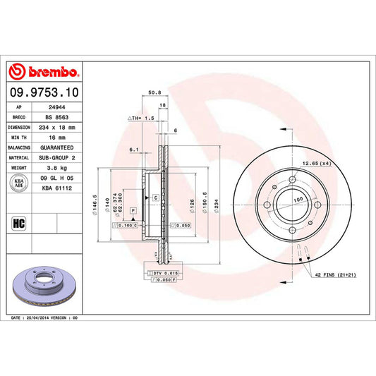 BRE-09.9753.10 - PAR DE DISCOS DE FRENO DELANTEROS PARA DODGE ATOS BASE 2011-2011