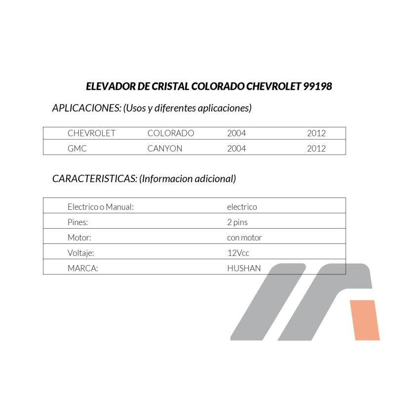 MANJ-99198 - ELEVADOR DE CRISTAL PARA CHEVROLET COLORADO 2004-2012 DERECHO DELANTERA