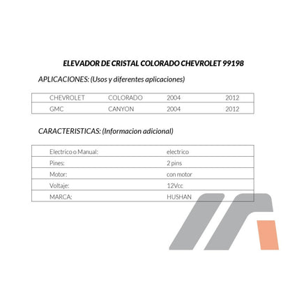 MANJ-99198 - ELEVADOR DE CRISTAL PARA CHEVROLET COLORADO 2004-2012 DERECHO DELANTERA
