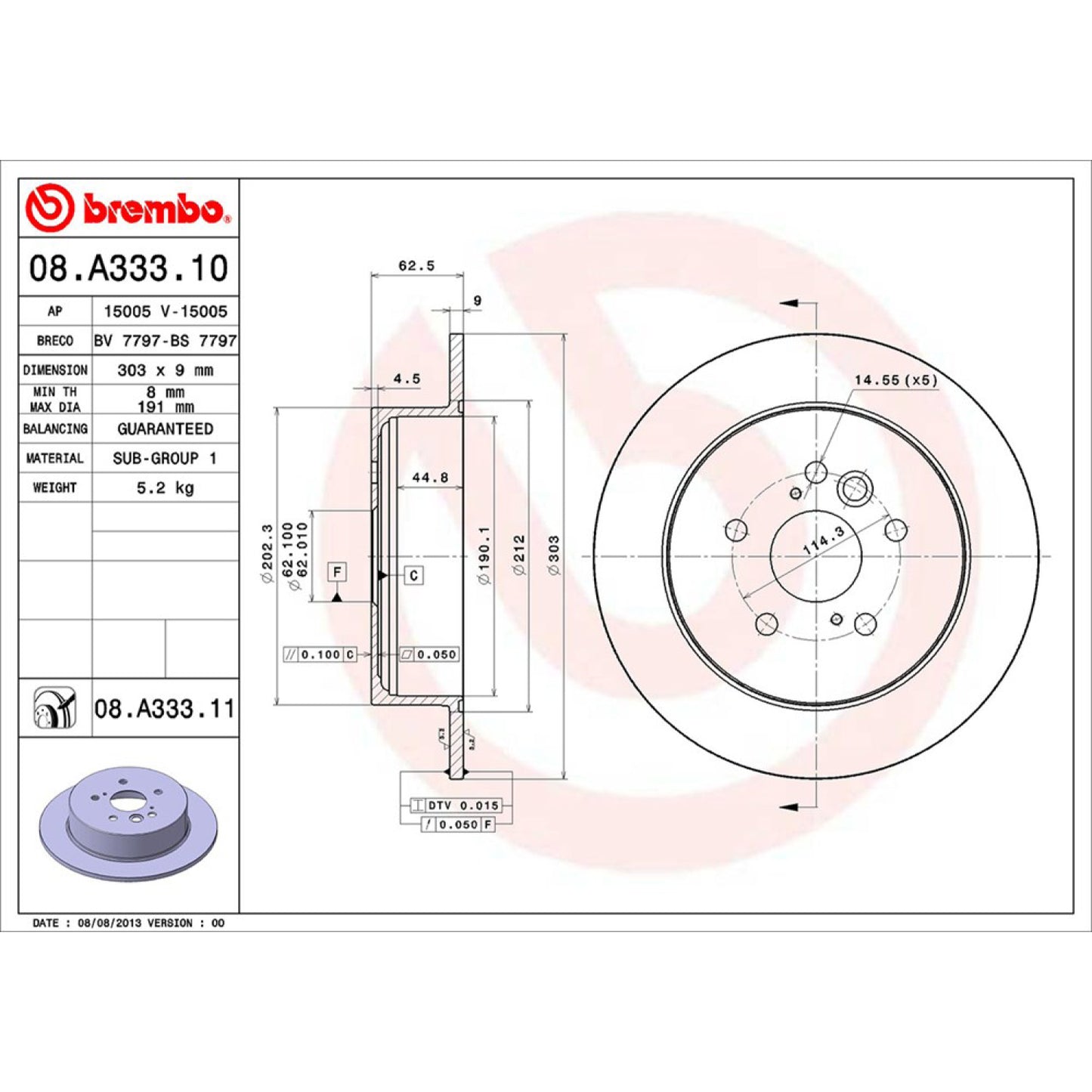 BRE-08.A333.10 - PAR DE DISCOS DE FRENO TRASEROS PARA TOYOTA RAV4 BASE 2004-2005