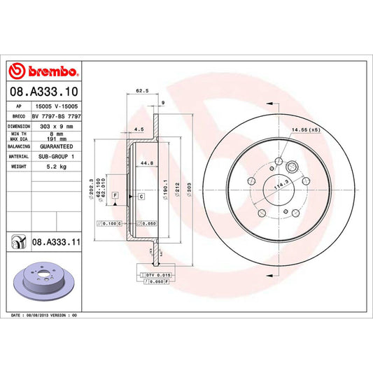BRE-08.A333.10 - PAR DE DISCOS DE FRENO TRASEROS PARA TOYOTA RAV4 BASE 2004-2005