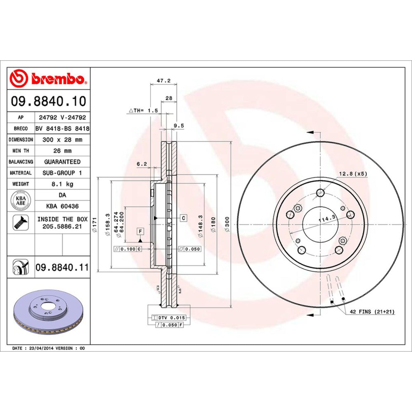 BRE-09.8840.10 - PAR DE DISCOS DE FRENO DELANTEROS PARA ACURA MDX BASE 2001-2006