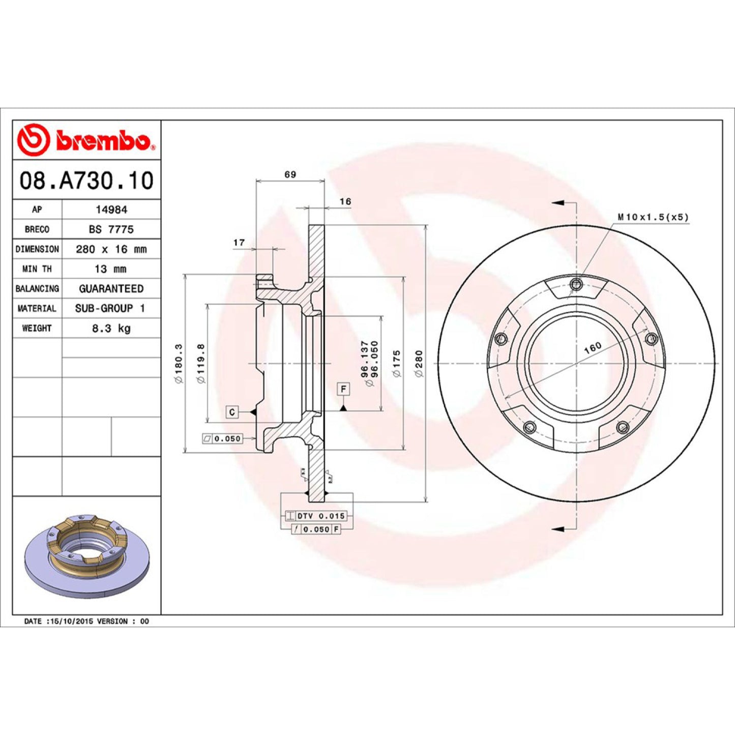 BRE-08.A730.10 - PAR DE DISCOS DE FRENO TRASEROS PARA FORD TRANSIT BASE 2007-2014
