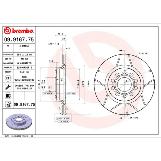 BRE-09.9167.75 - PAR DE DISCOS DE FRENO DELANTEROS PARA AUDI A3 AMBIENTE  1.4 4 2008-2013
