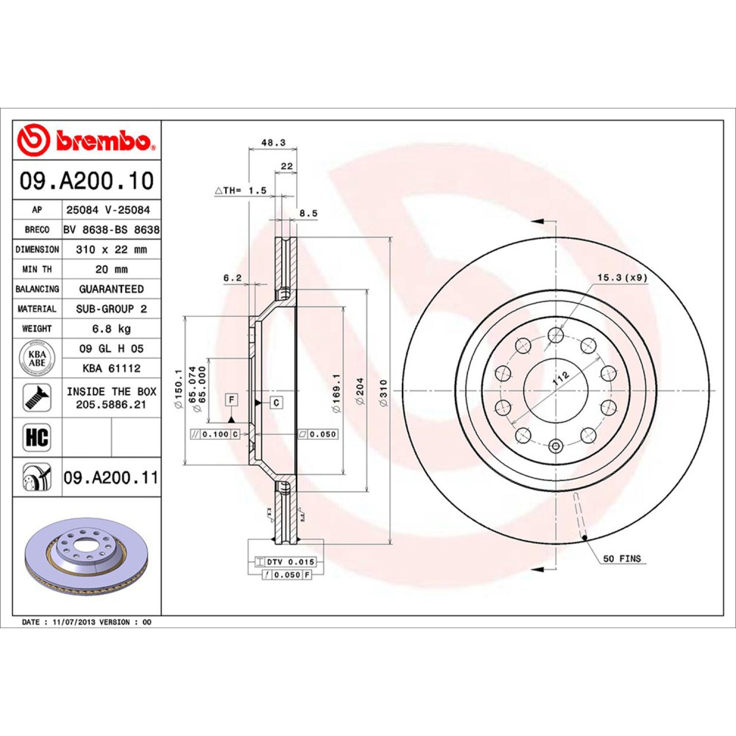 BRE-09.A200.10 - PAR DE DISCOS DE FRENO TRASEROS PARA AUDI A3 AMBIENTE 2012-2013