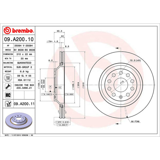BRE-09.A200.10 - PAR DE DISCOS DE FRENO TRASEROS PARA AUDI A3 AMBIENTE 2012-2013